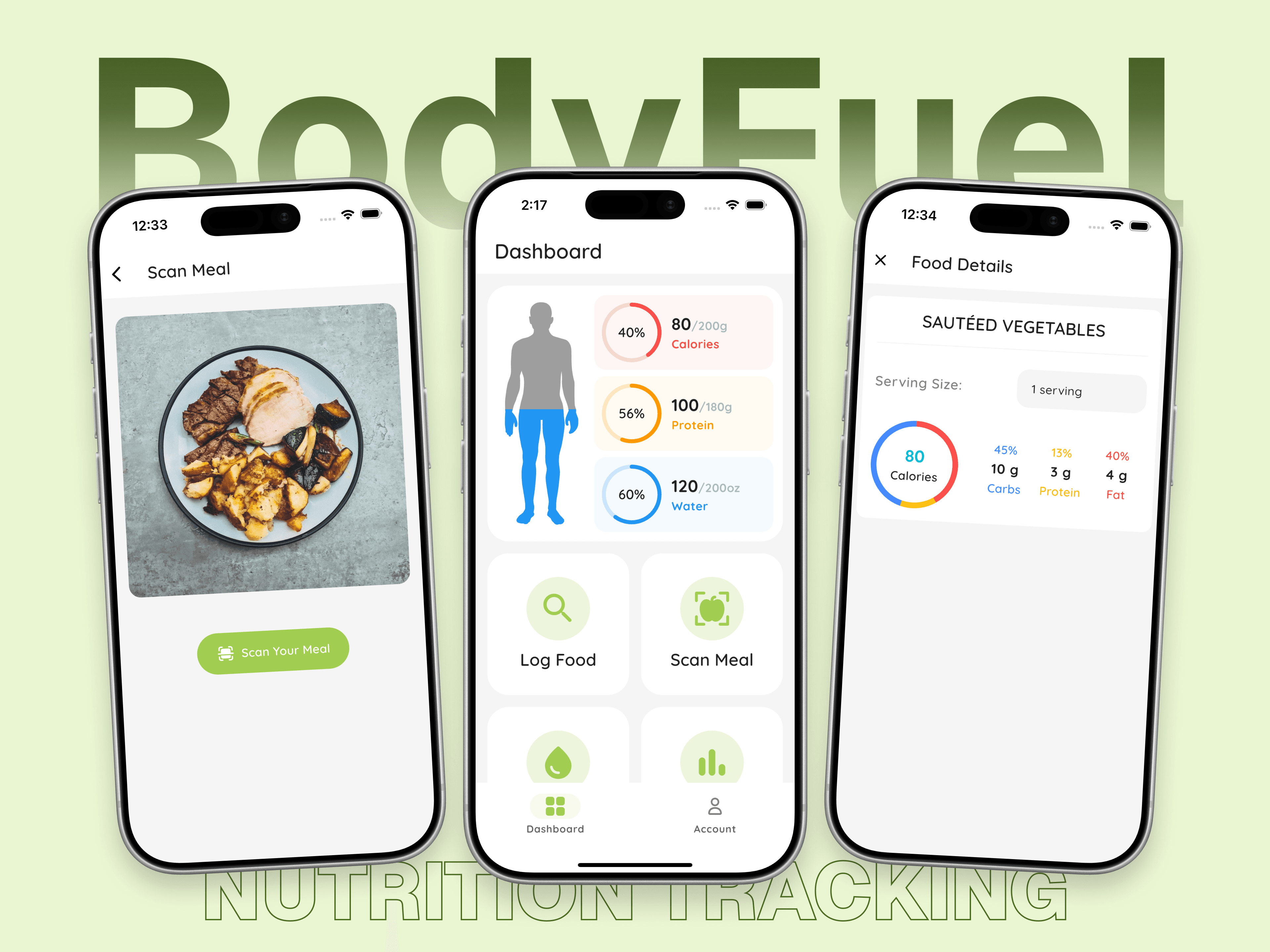 BodyFuel fitness and nutrition app screens for workouts, recipes, and progress