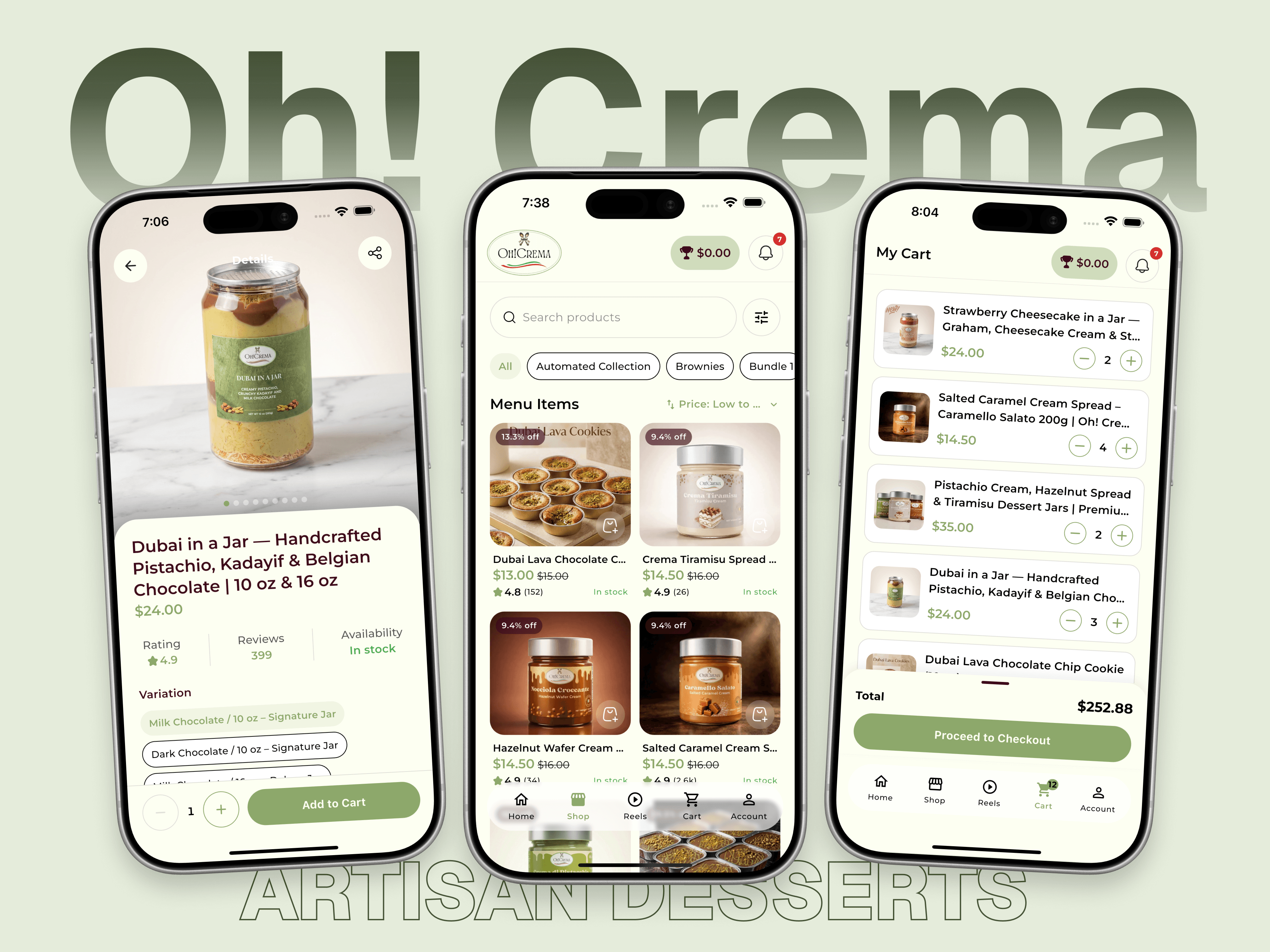 Oh! Crema artisan desserts app screens for menu browsing and cart checkout